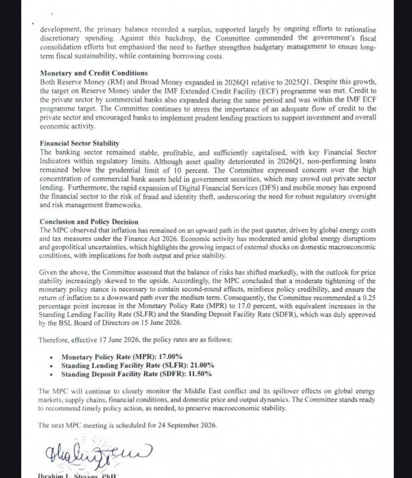 , Bank of Sierra Leone Raises Monetary Policy Rate to 17% Over Rising Inflation