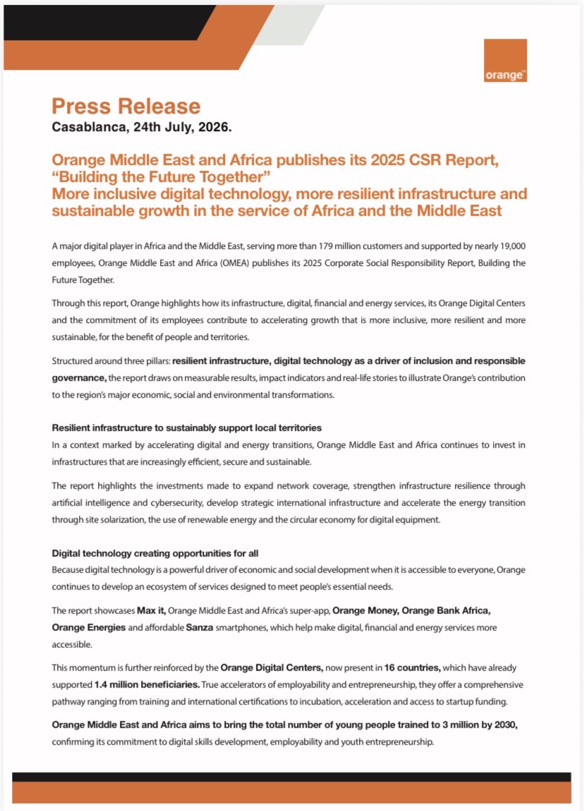, Orange Middle East and Africa Unveils 2025 CSR Report on Inclusive Growth